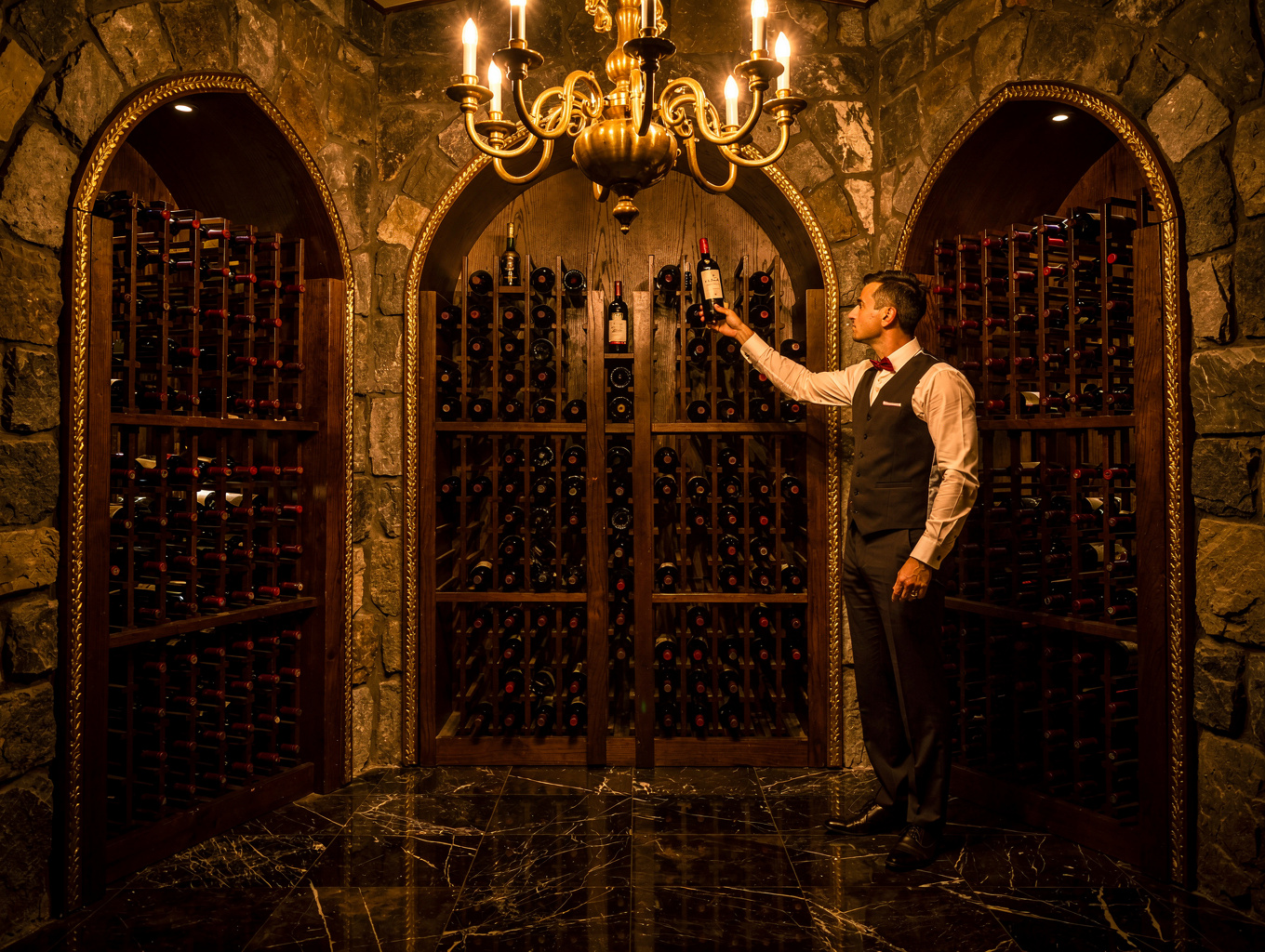 Sommelier in subterranean brick wine cellar with Italian vintages