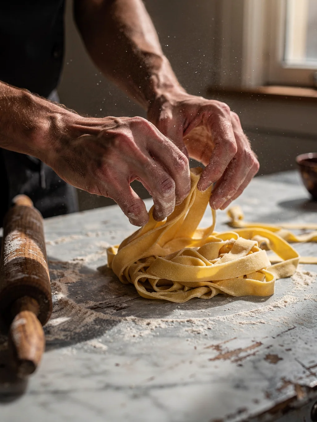 Chefs hand-crafting semolina pasta dusted in flour